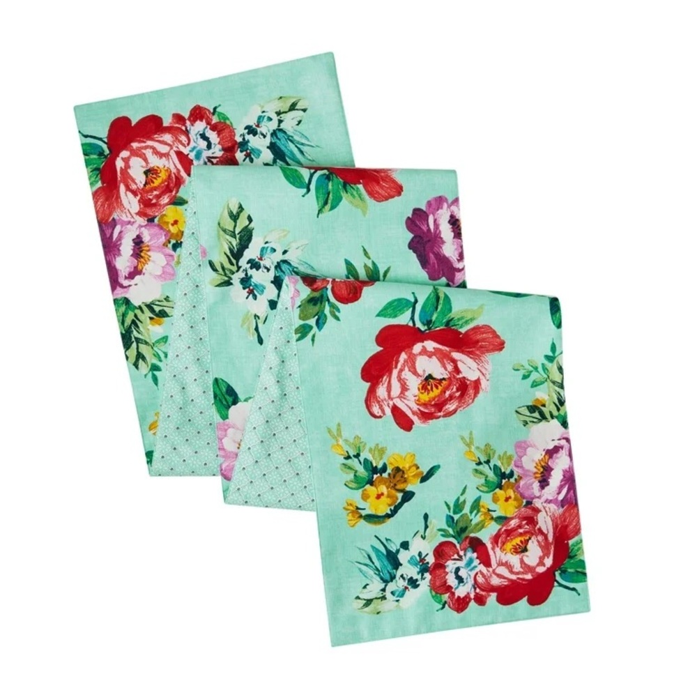 🌺 EUC The Pioneer Woman Sweet Romance Table Runner, Teal Blue, Red, 14"W x 90"L